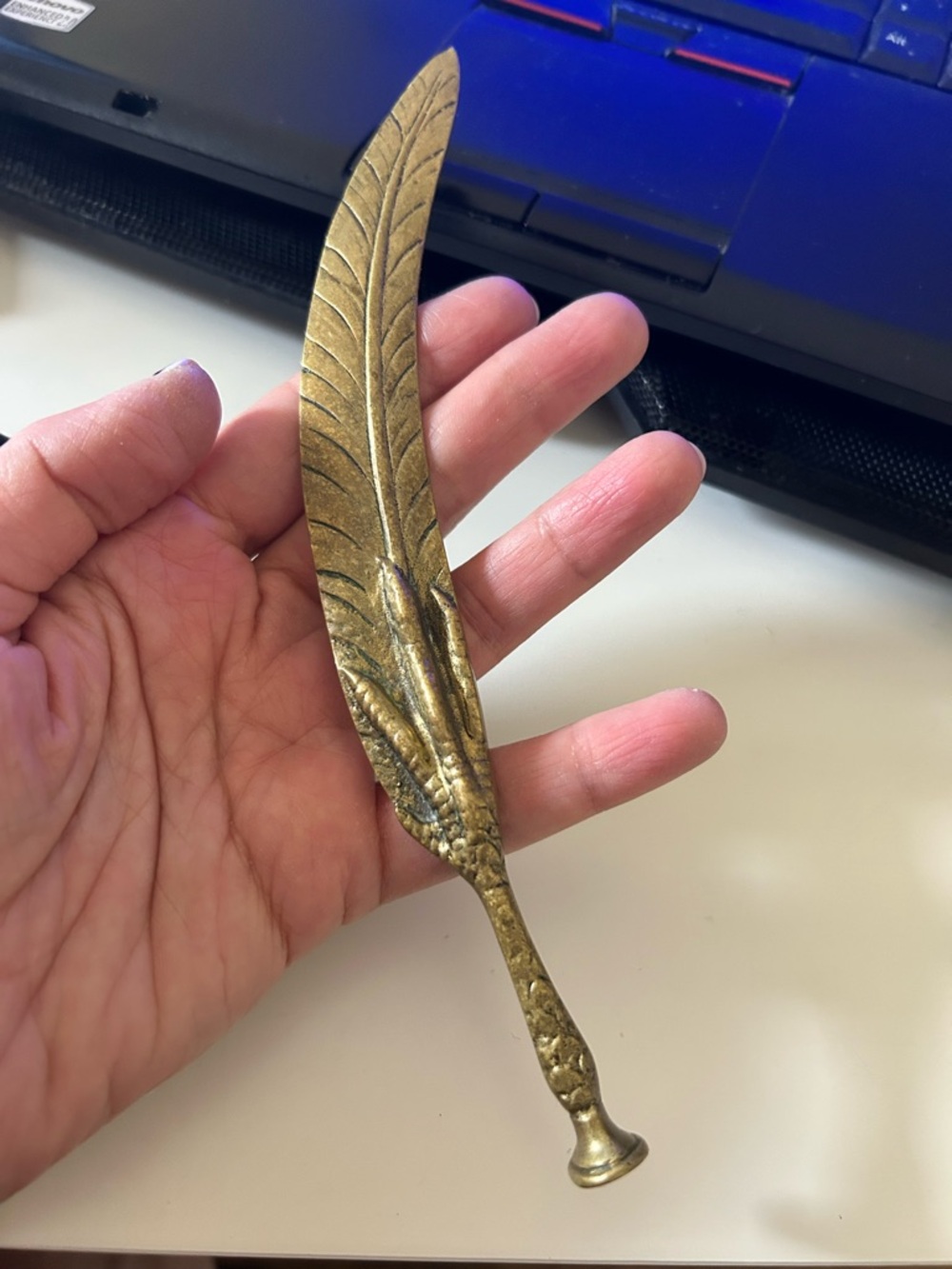 Vintage brass claw feather letter opener